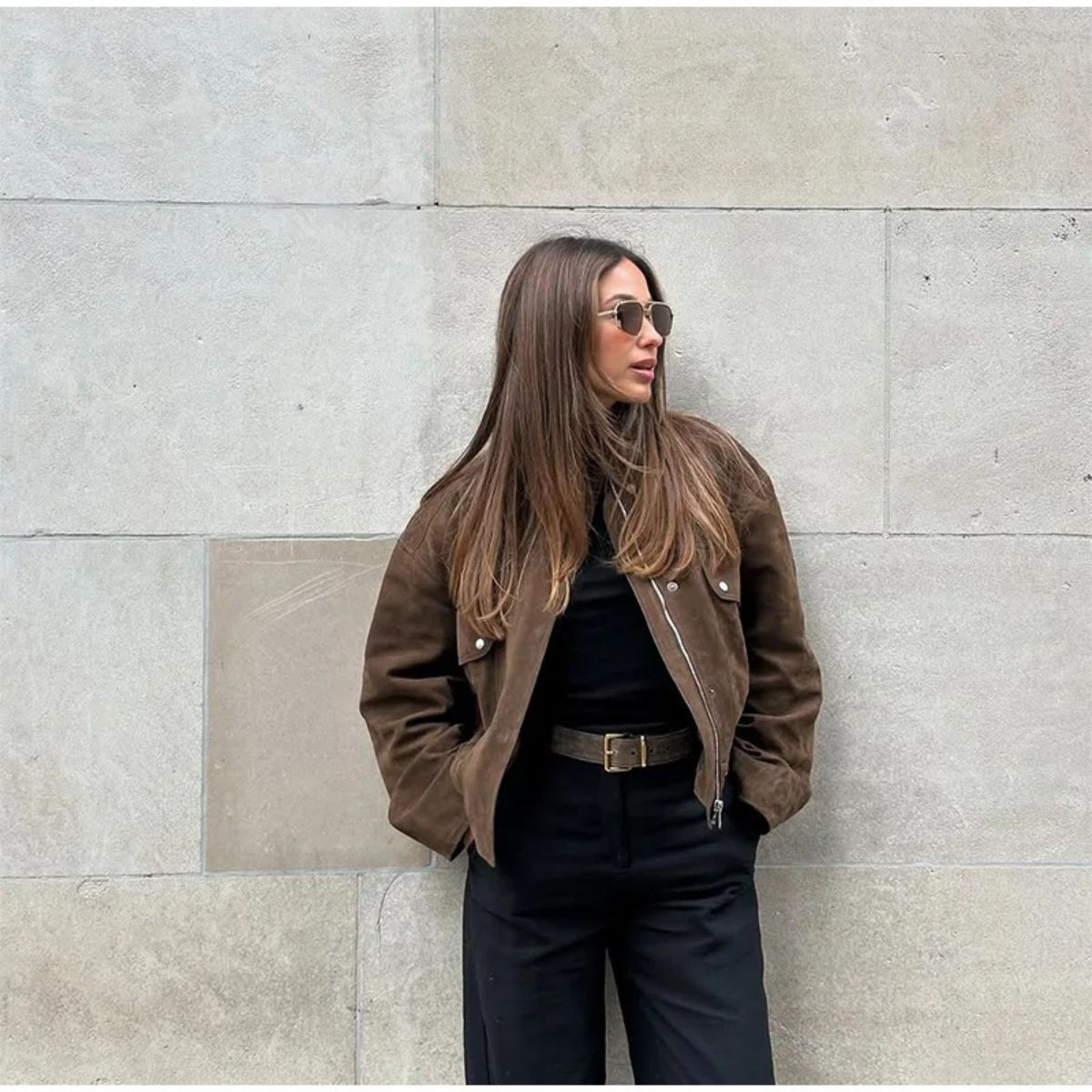 Suede Jacket with Pockets and Zipper and Button Closure