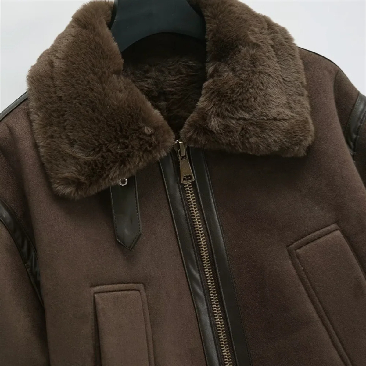 Brown Shearling Jacket – Faux Leather Bomber Coat with Fur Collar