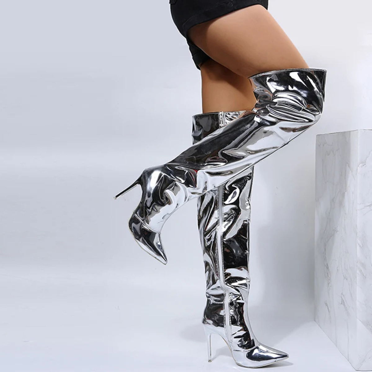 Elegant Knee High Boots – High Heel Metallic Thigh High Boots