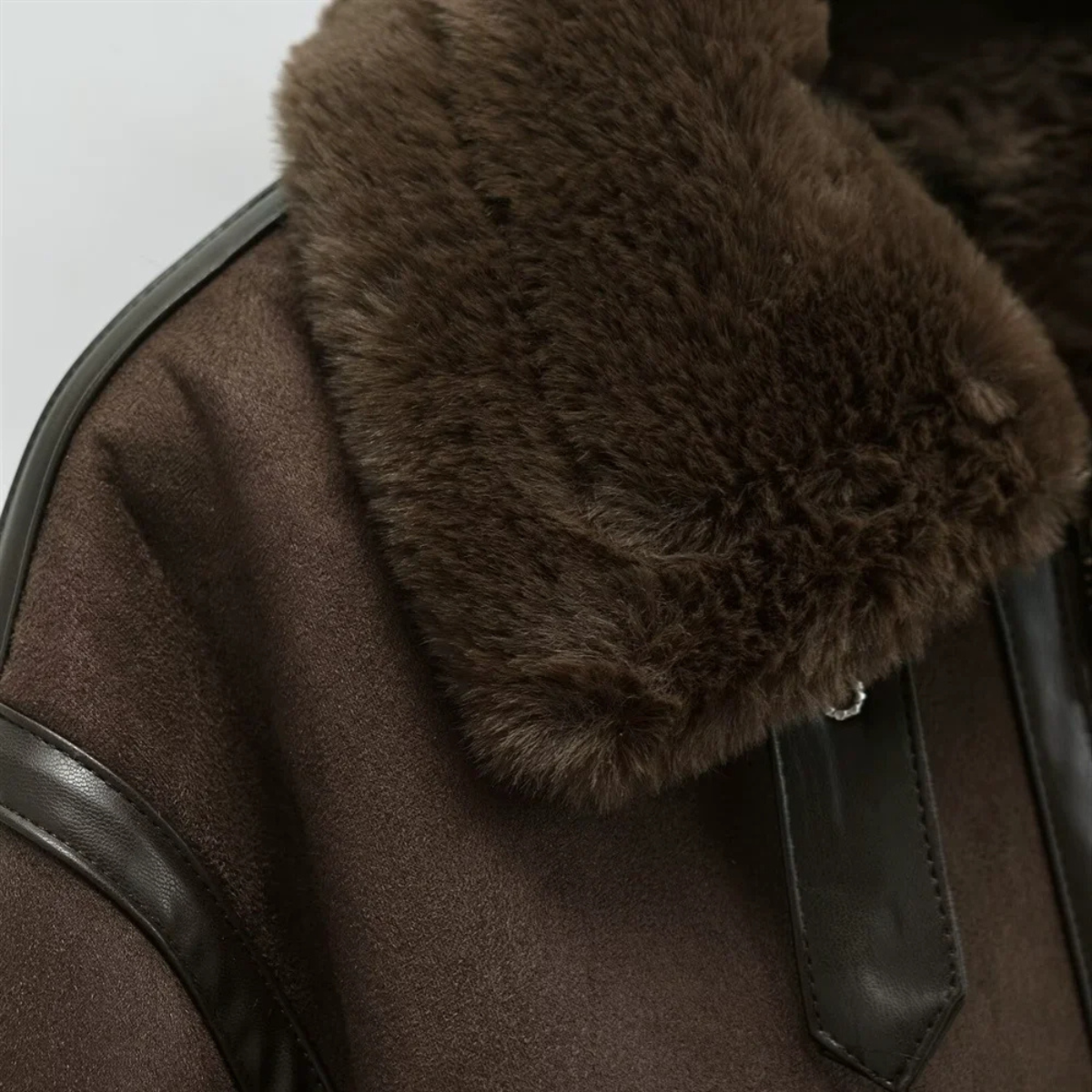 Brown Shearling Jacket – Faux Leather Bomber Coat with Fur Collar