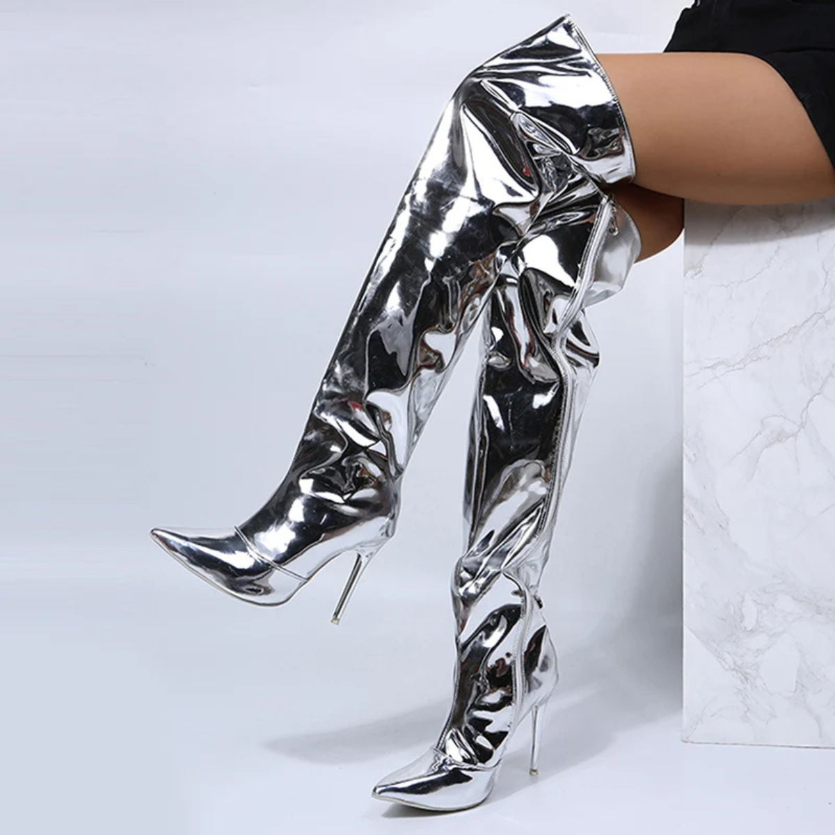 Elegant Knee High Boots – High Heel Metallic Thigh High Boots