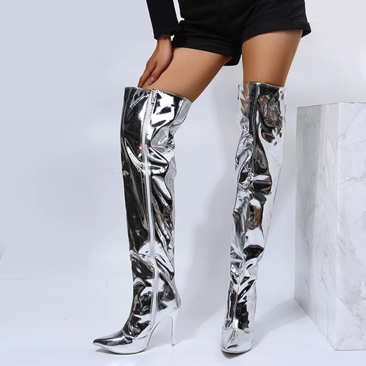 Elegant Knee High Boots – High Heel Metallic Thigh High Boots