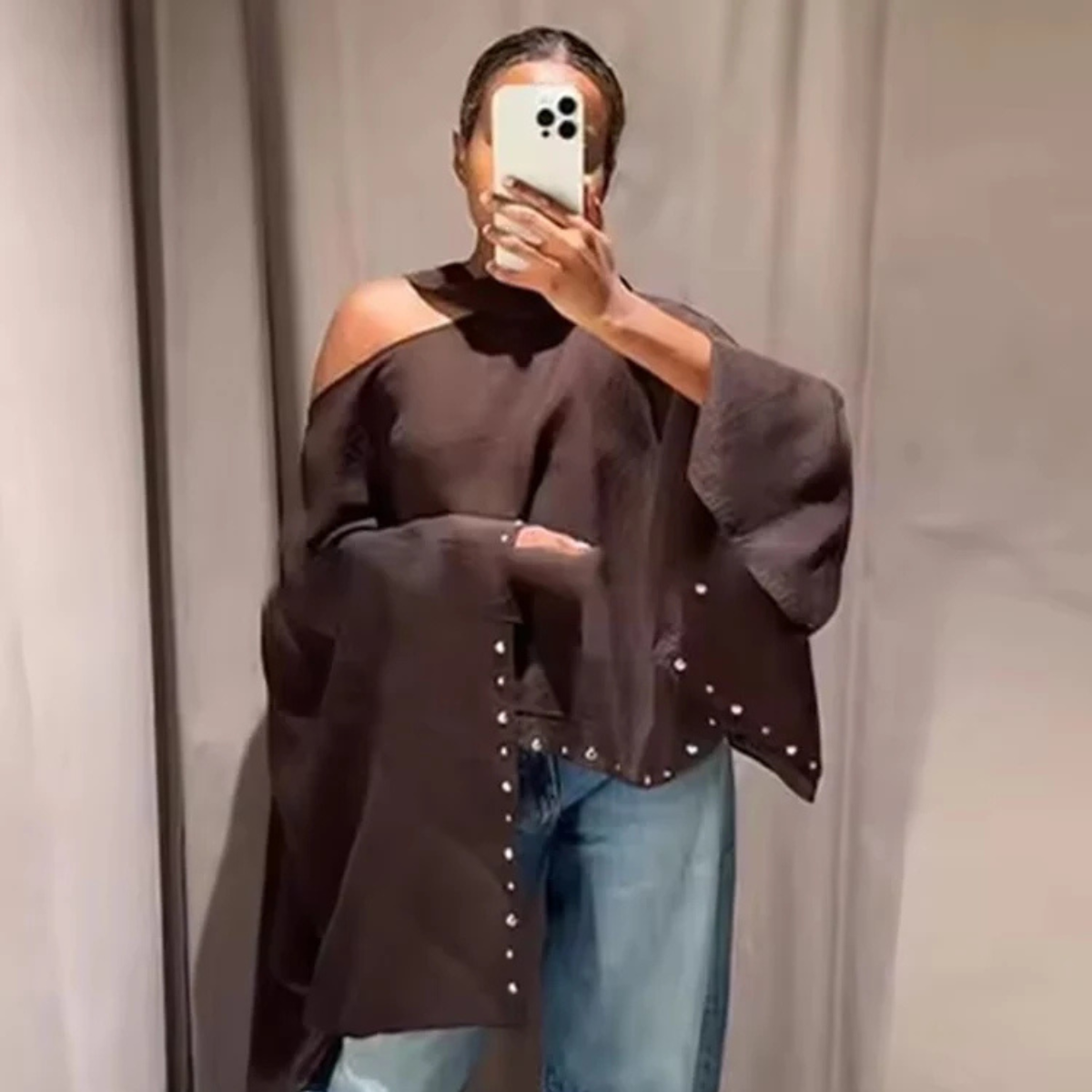 Asymmetric Poncho Top – Off Shoulder Cape Blouse with Tie Neck
