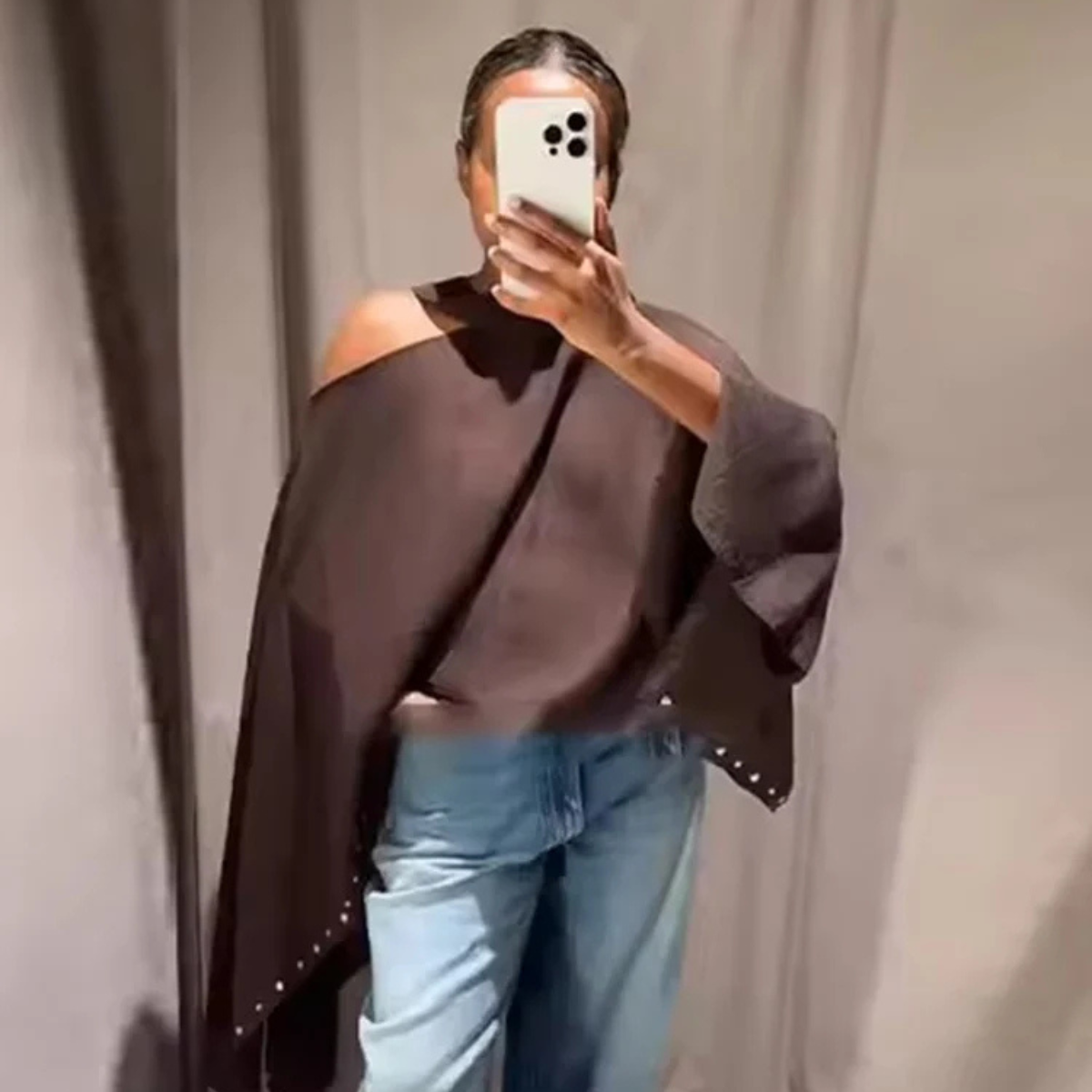 Asymmetric Poncho Top – Off Shoulder Cape Blouse with Tie Neck