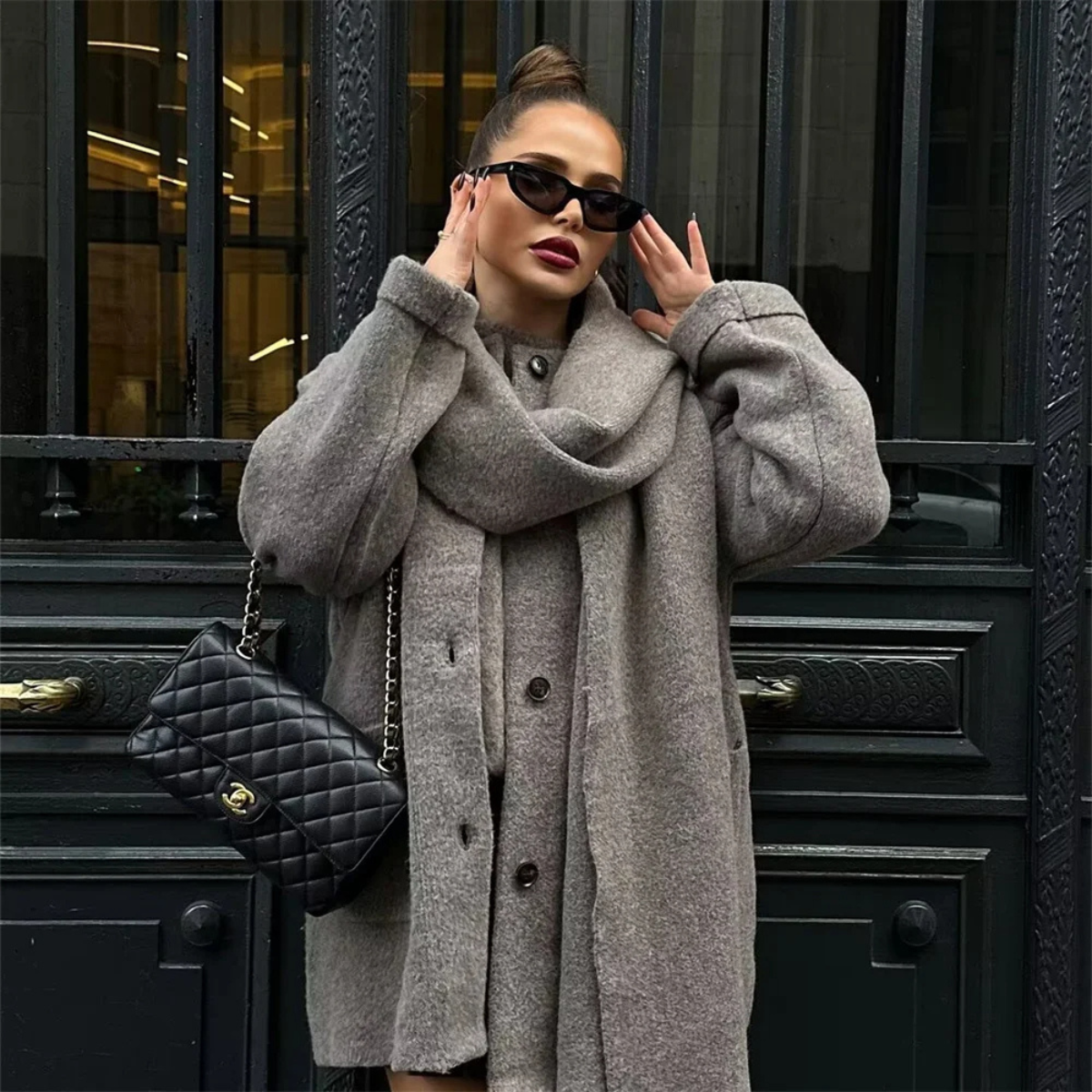 Winter Wool Blend Coat with Scarf – Warm Elegant Overcoat