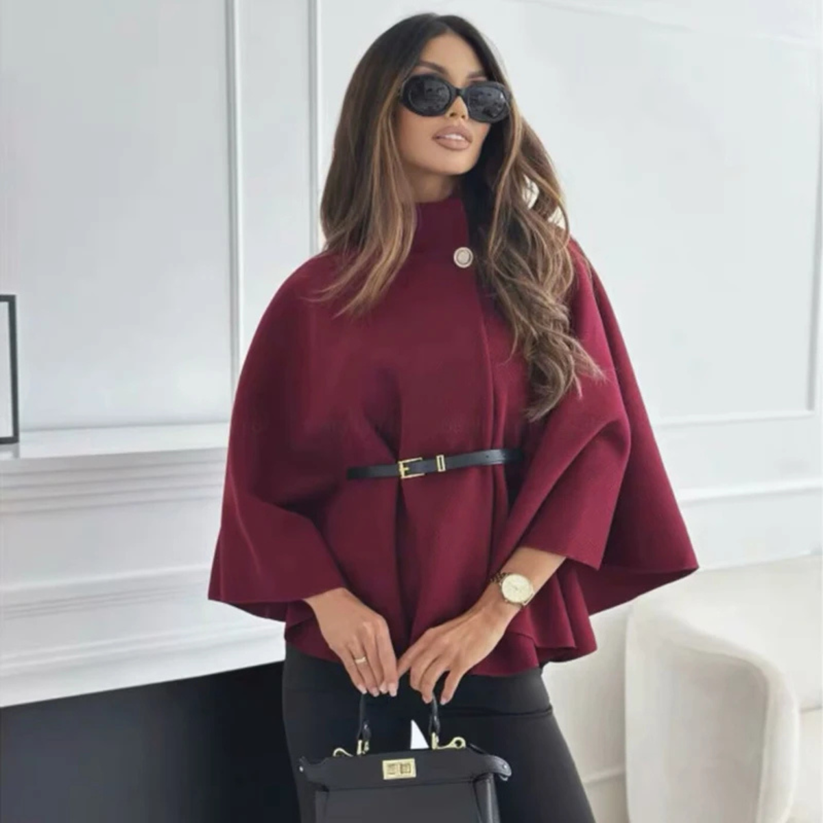 Elegant Cape Coat – Belted Poncho Style Jacket
