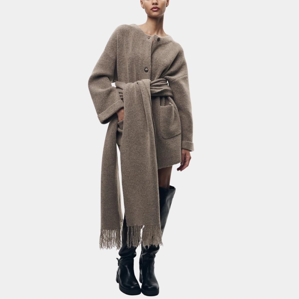 Wool Blend Coat with Scarf – Elegant Winter Jacket