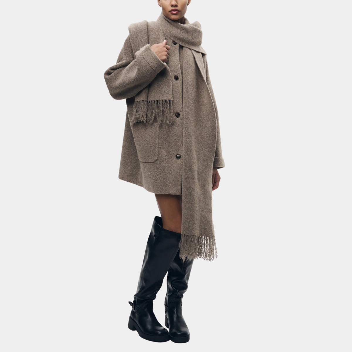 Wool Blend Coat with Scarf – Elegant Winter Jacket