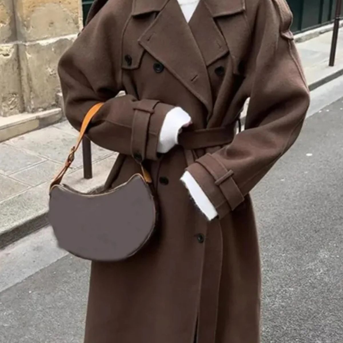 Long Wool Blend Trench Coat – Double Breasted Winter Overcoat with Belt