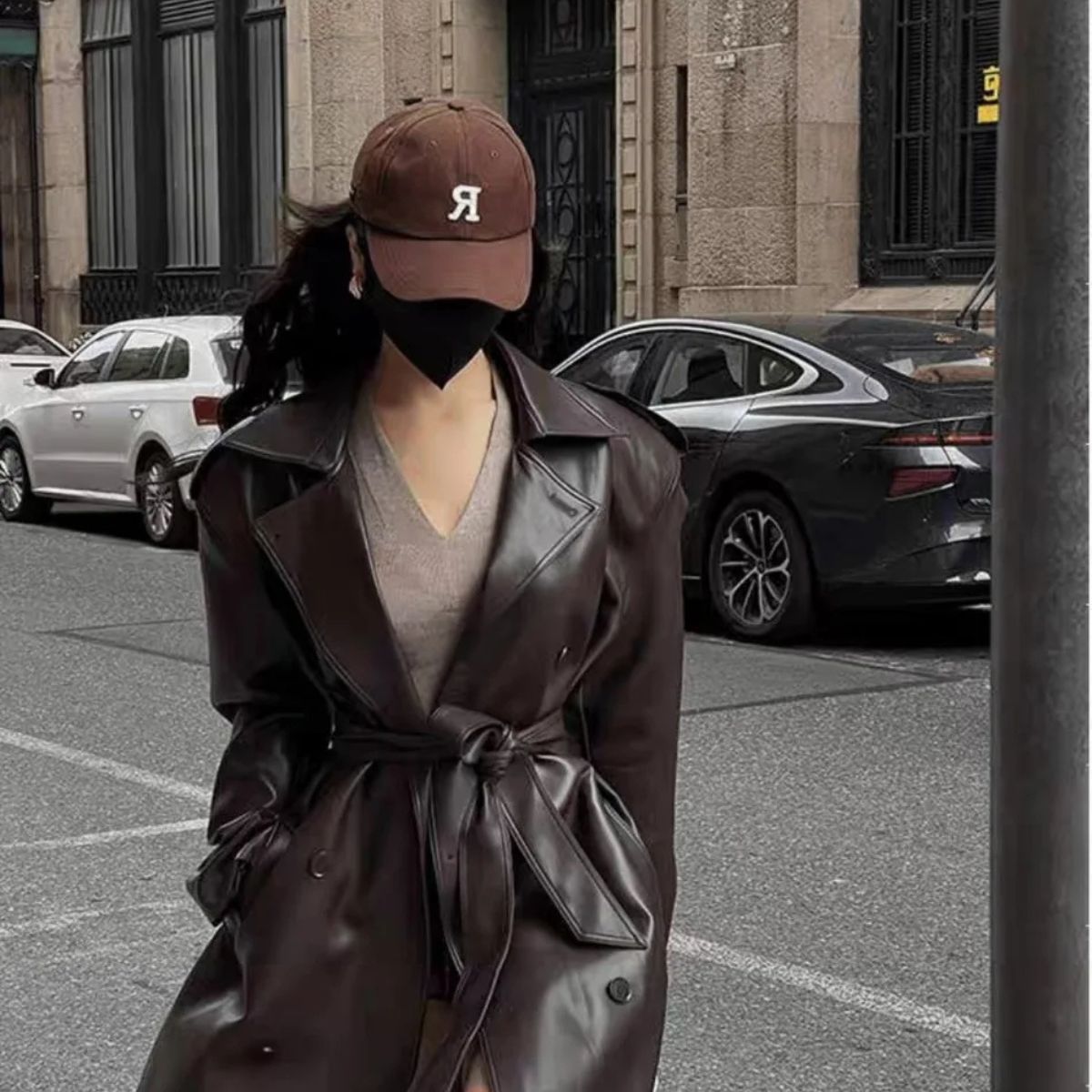 Faux Leather Trench Coat – Double Breasted Long Jacket