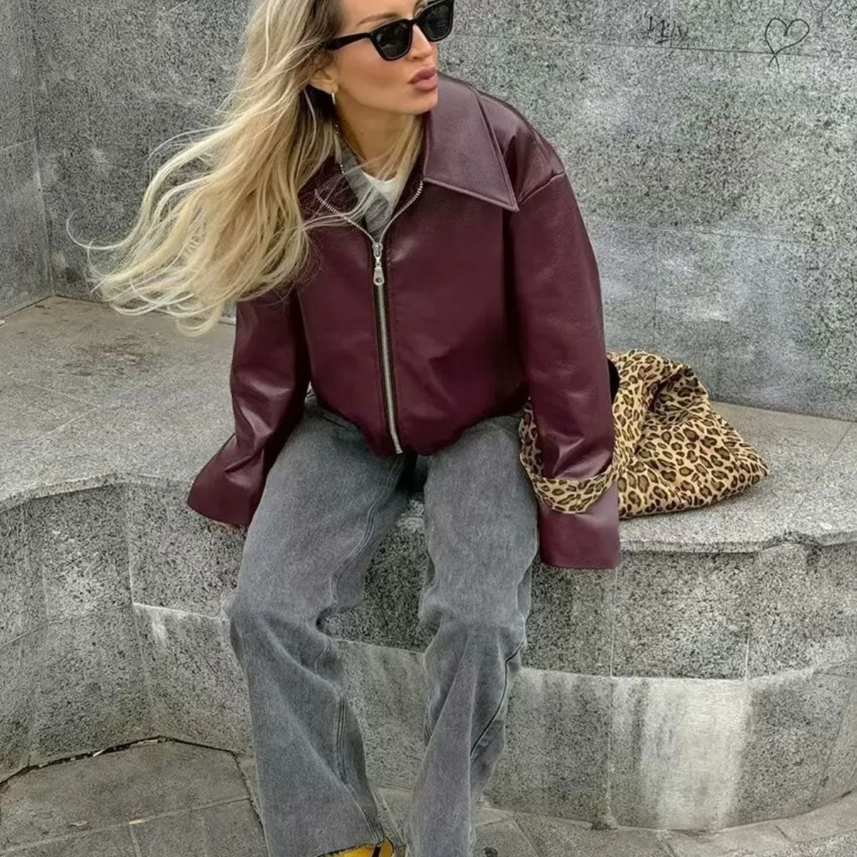 Faux Leather Zip Up Jacket with Elastic