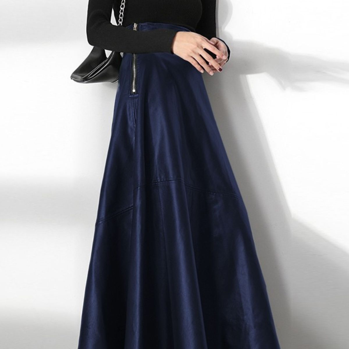 High Waist Leather Maxi Skirt – A-Line Flared Skirt