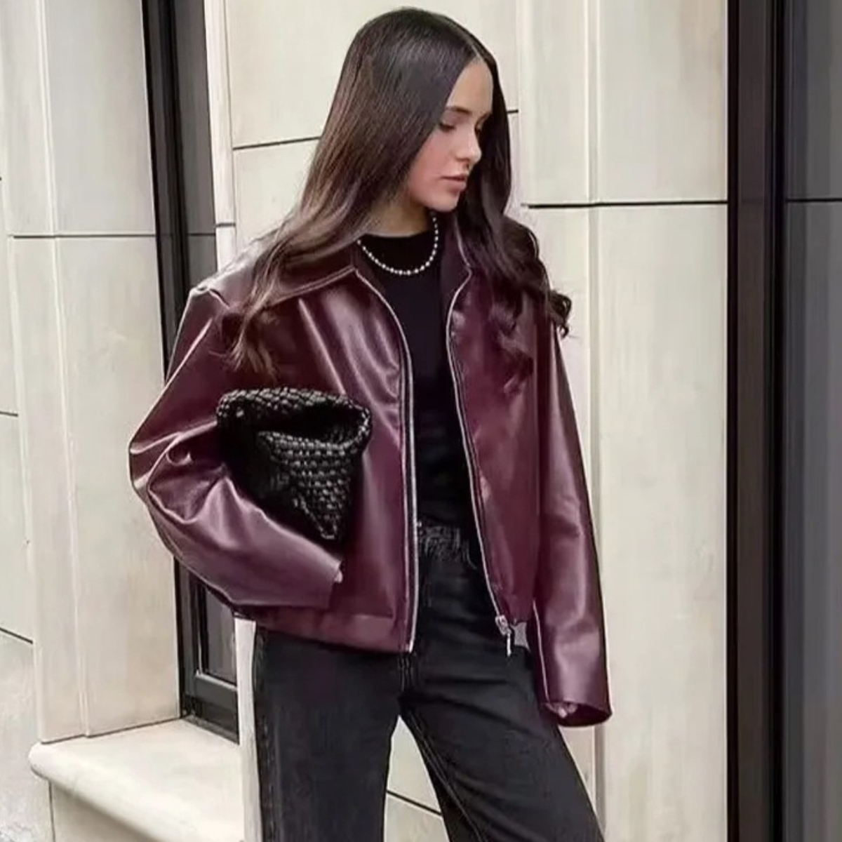 Elegant Leather Jacket – Trendy Cropped Coat