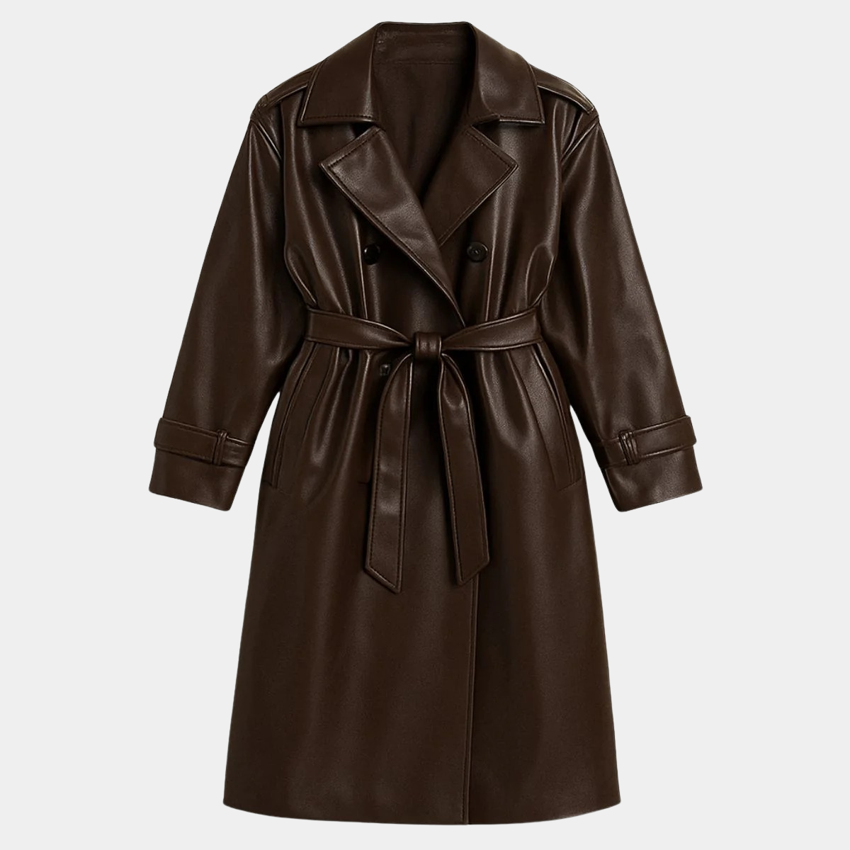 Faux Leather Trench Coat – Double Breasted Long Jacket