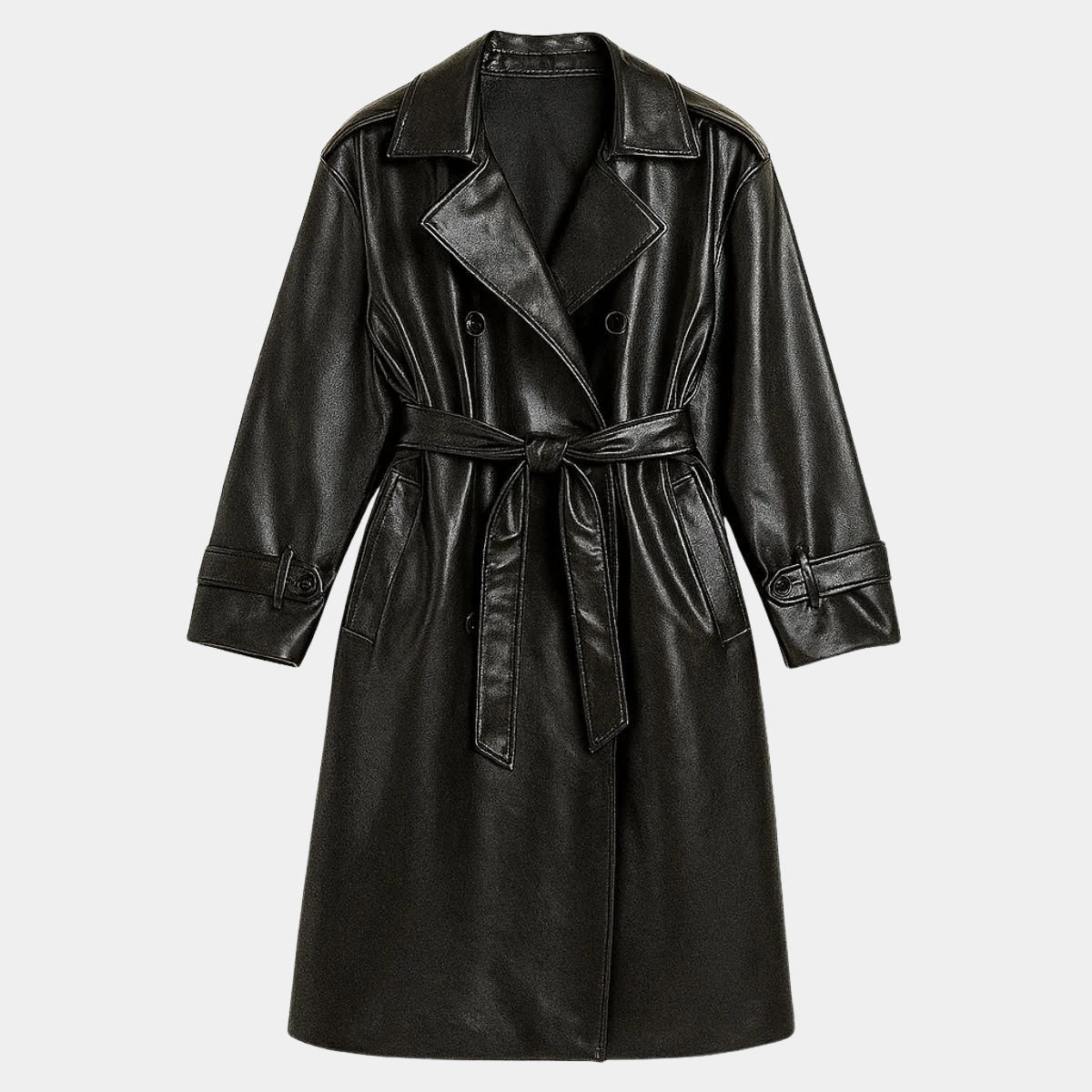 Faux Leather Trench Coat – Double Breasted Long Jacket