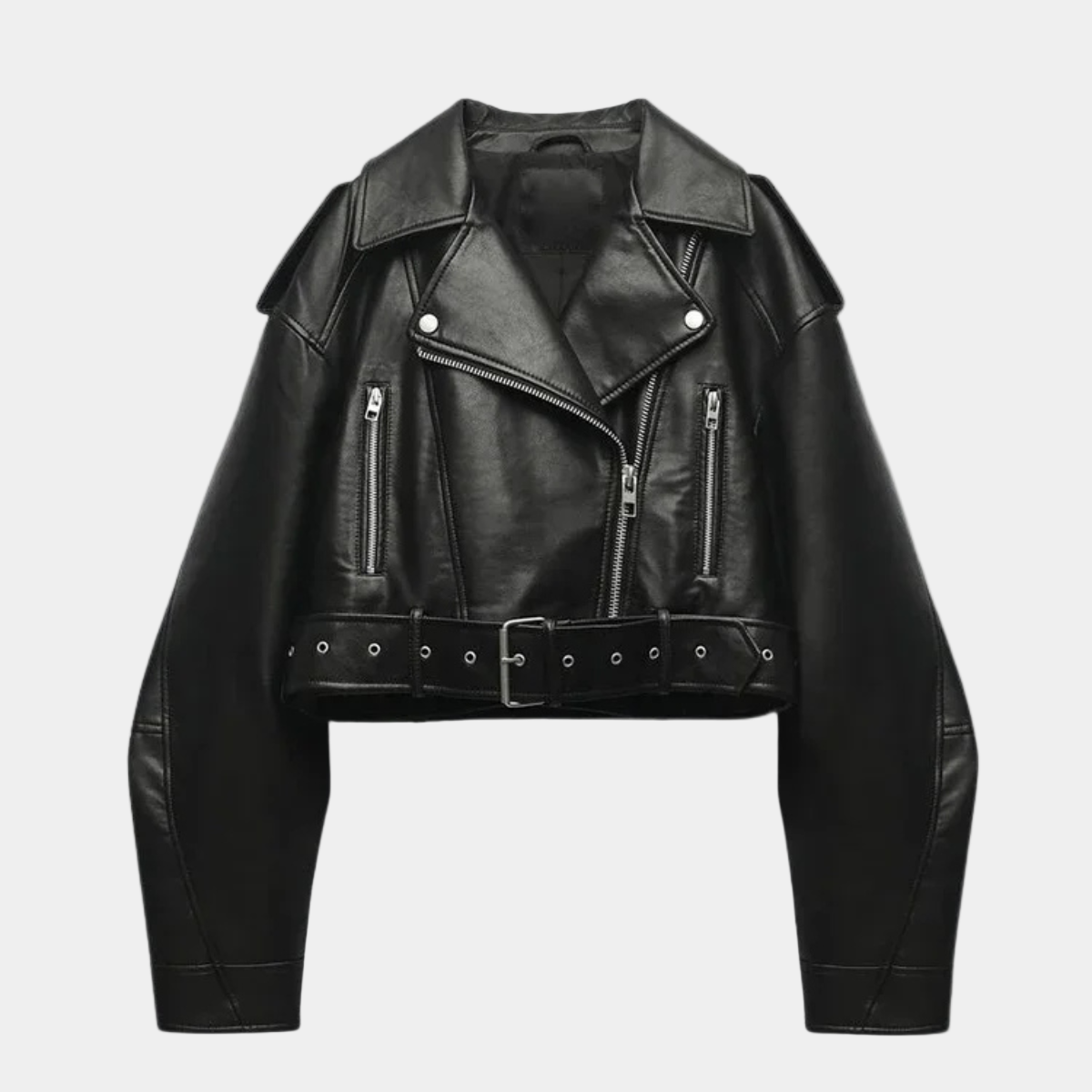 Cropped Leather Biker Jacket – Black