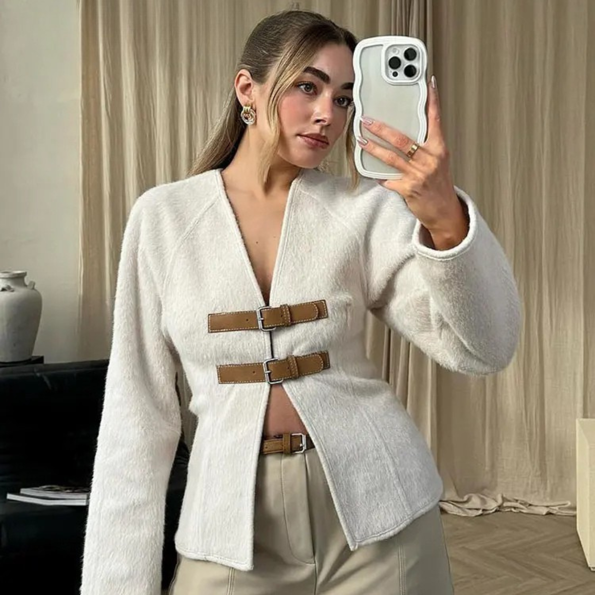 Wool Blend Cardigan – White Buckle Front Knit Jacket