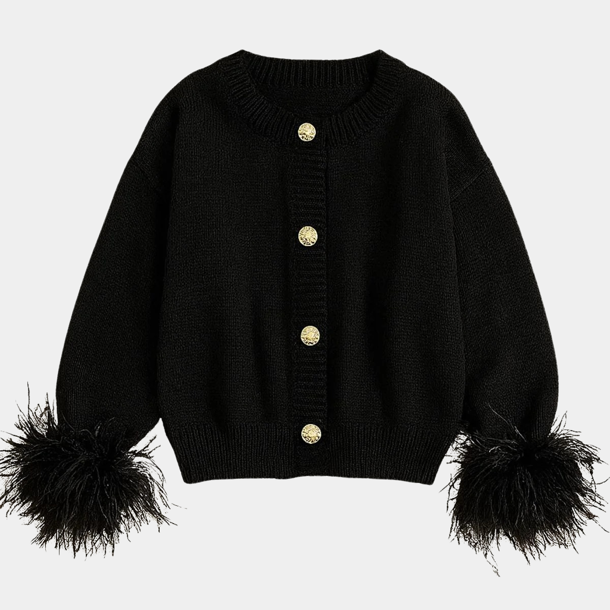 Feather Cuff Knit Cardigan – Elegant Button-Up Winter Look