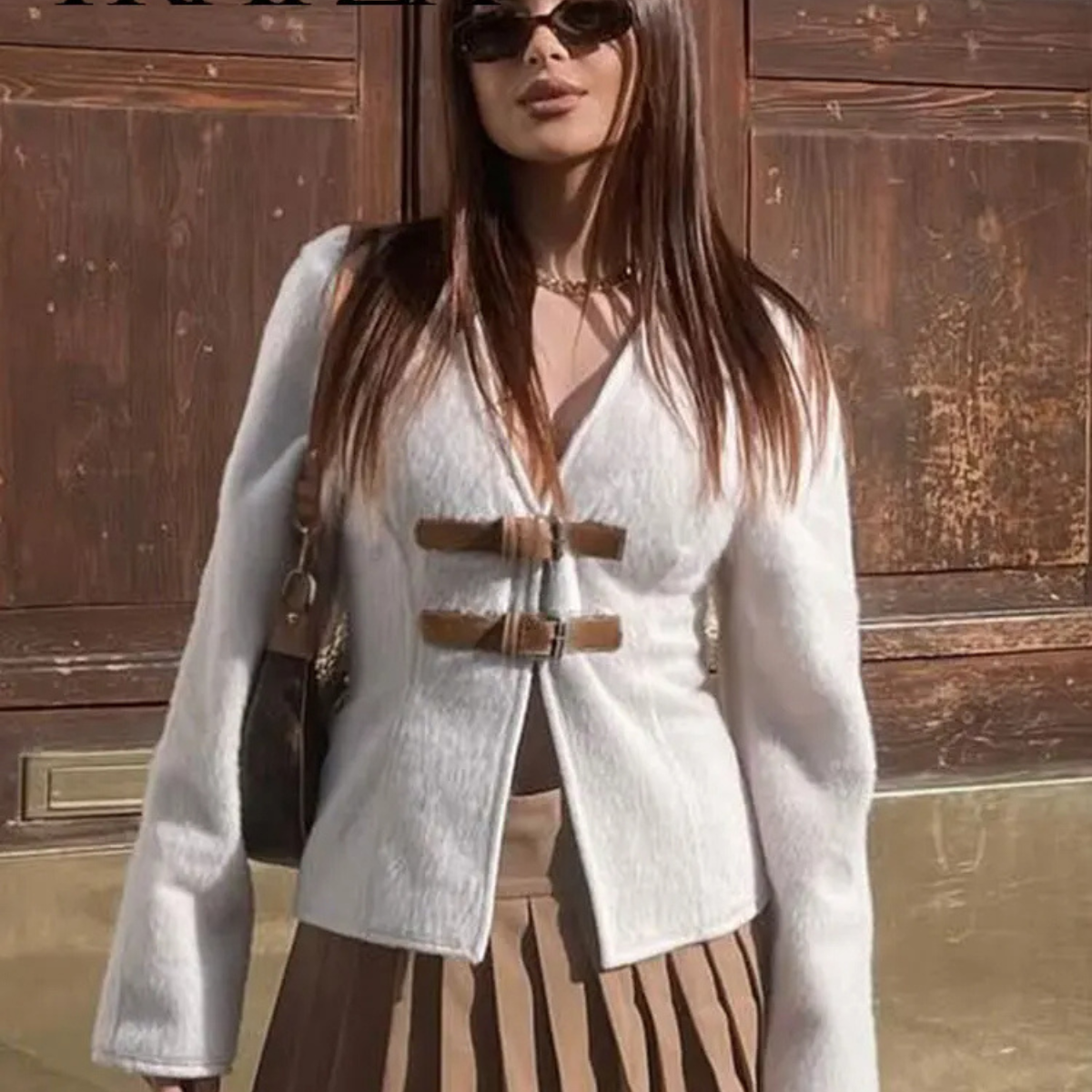 Wool Blend Cardigan – White Buckle Front Knit Jacket