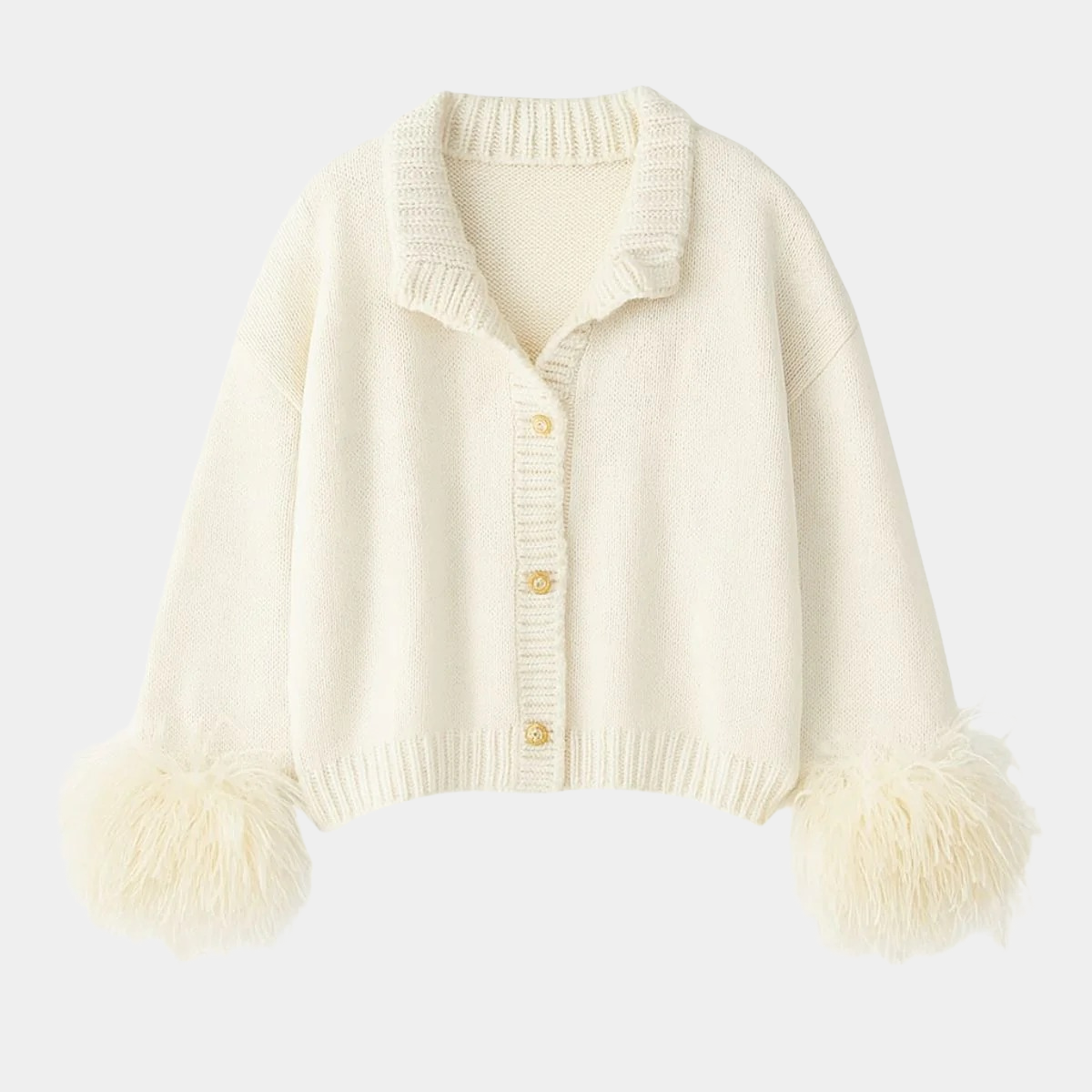 Feather Cuff Knit Cardigan – Elegant Button-Up Winter Look