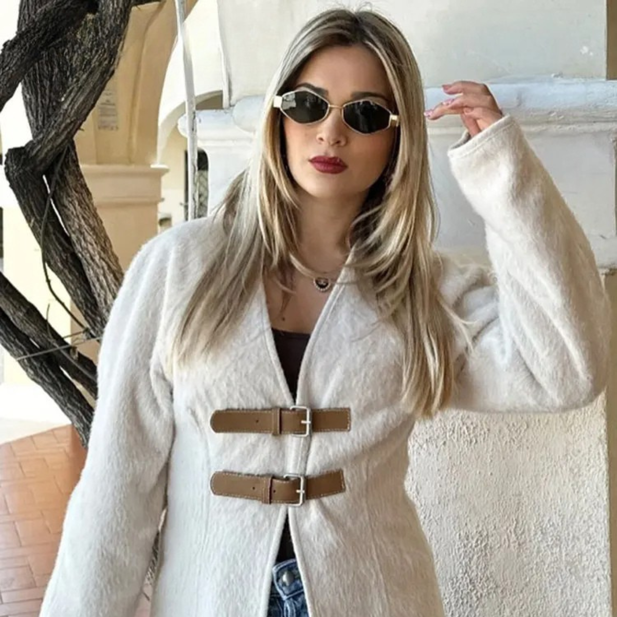 Wool Blend Cardigan – White Buckle Front Knit Jacket