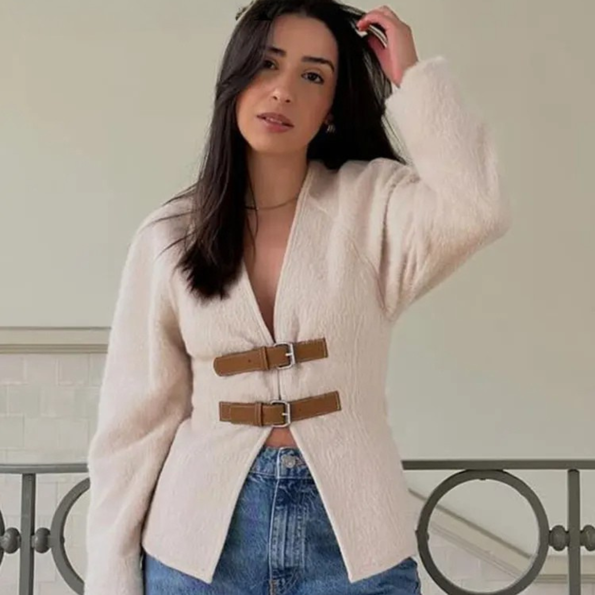 Wool Blend Cardigan – White Buckle Front Knit Jacket