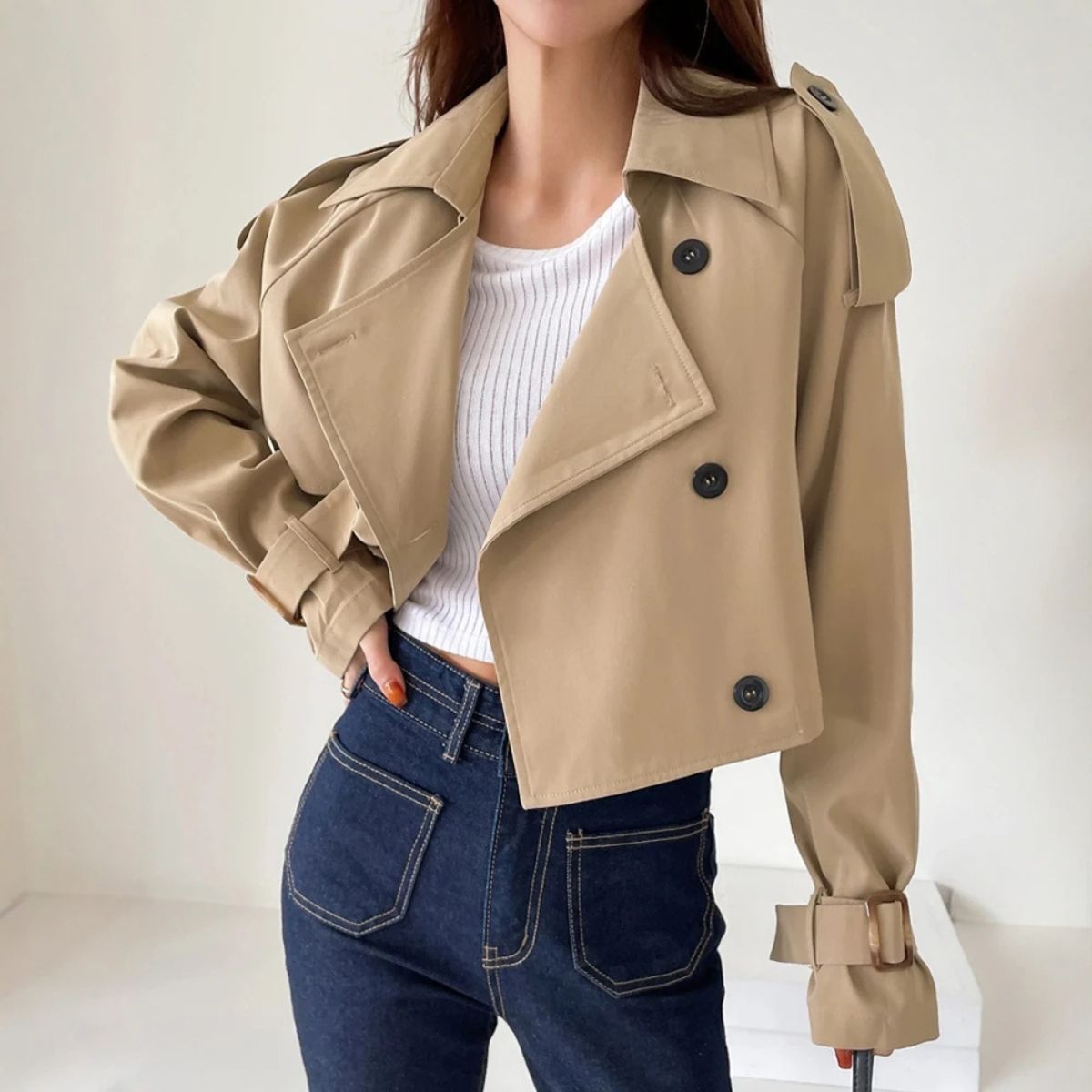 Women's Cropped Trench Coat – Short Double Breasted Jacket