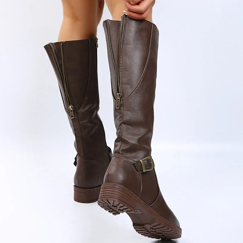 Elegant  Knee High Boots – Flat Riding Boots with Buckle Detail