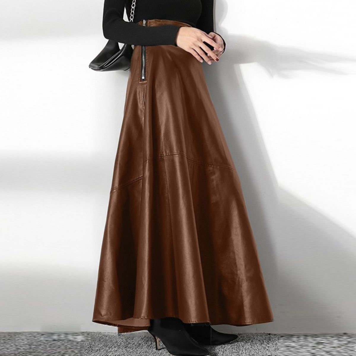 High Waist Leather Maxi Skirt – A-Line Flared Skirt