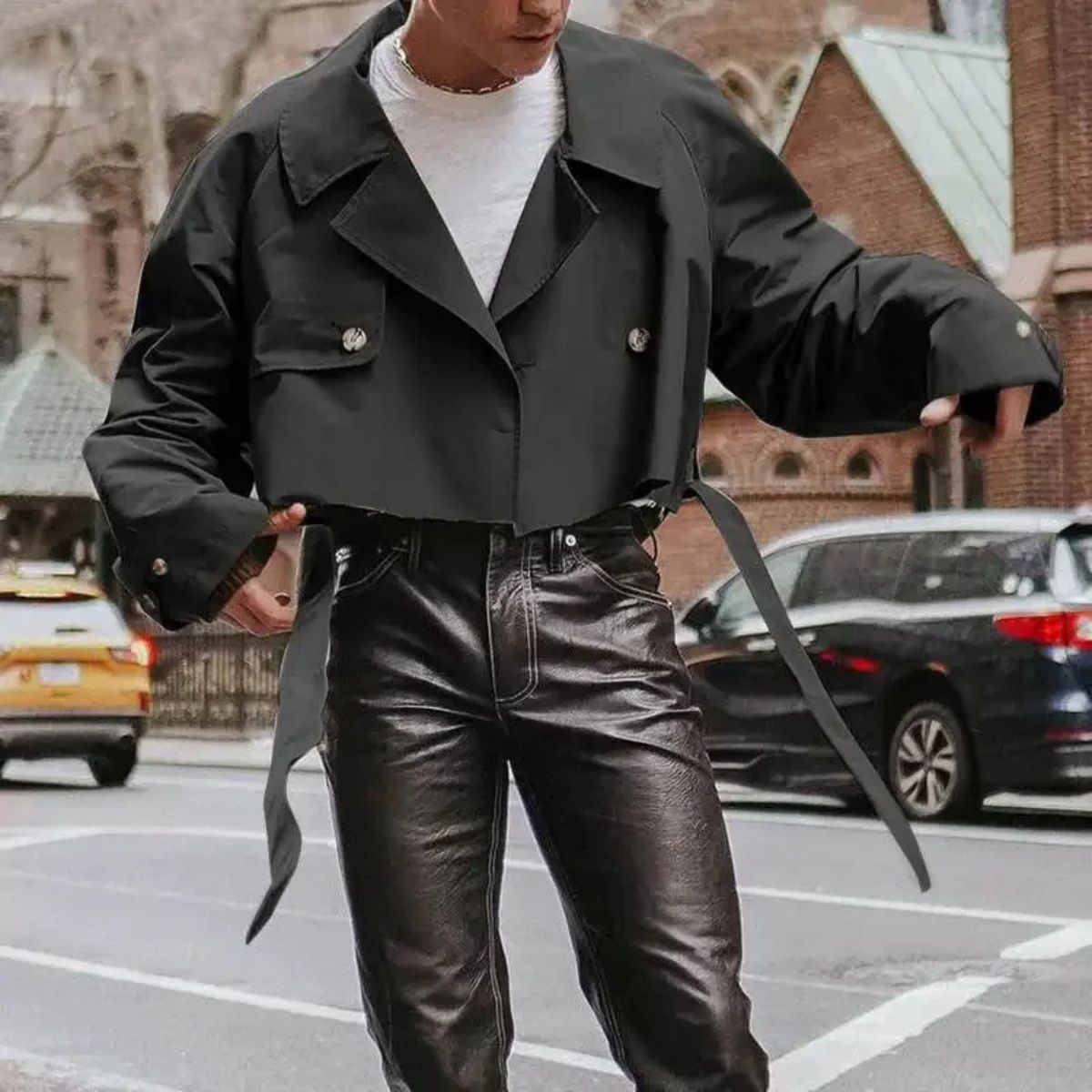Cropped Trench Coat – Casual Streetwear Belted Coat for Men