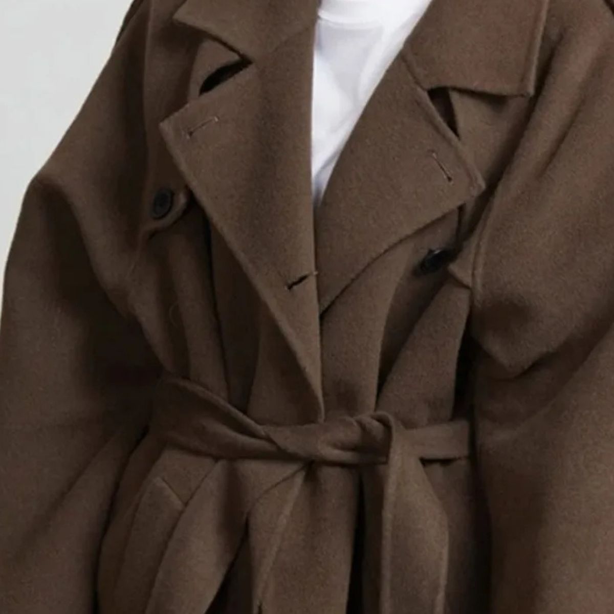 Long Wool Blend Trench Coat – Double Breasted Winter Overcoat with Belt