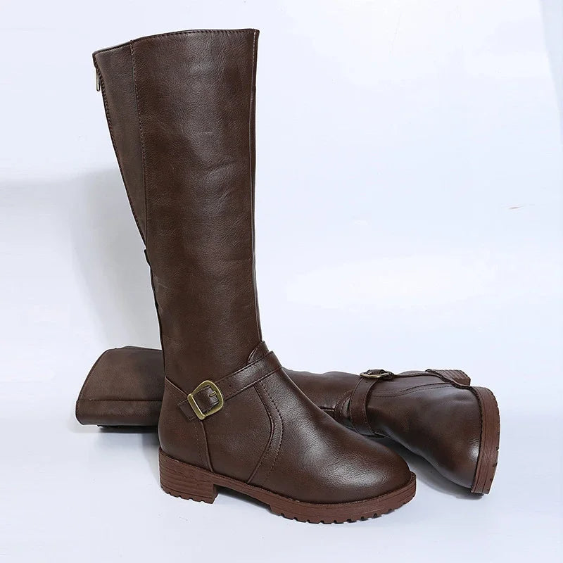 Elegant  Knee High Boots – Flat Riding Boots with Buckle Detail