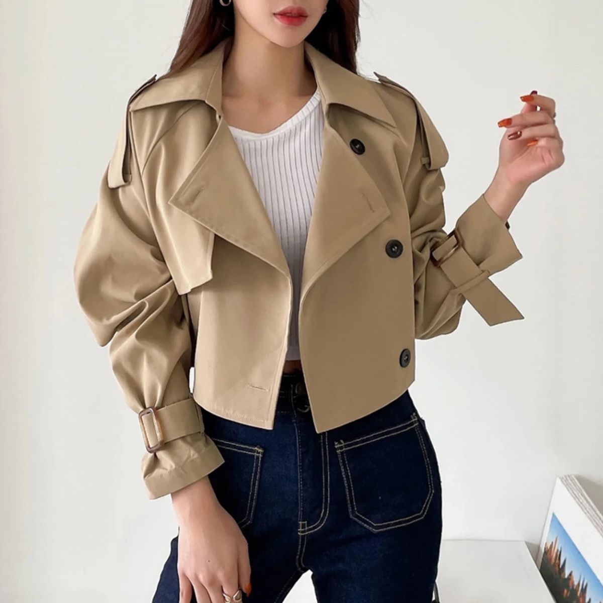 Women's Cropped Trench Coat – Short Double Breasted Jacket