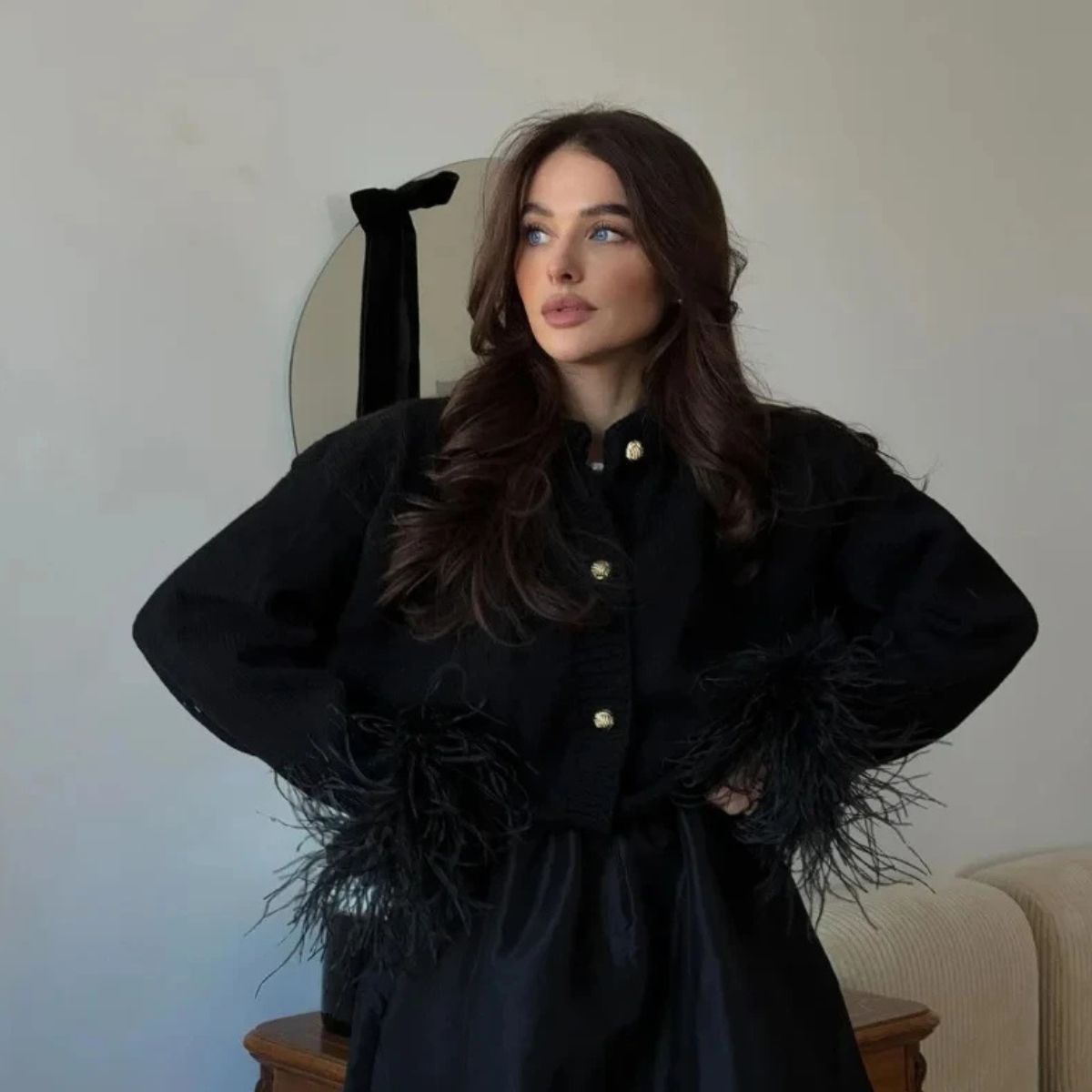 Feather Cuff Knit Cardigan – Elegant Button-Up Winter Look