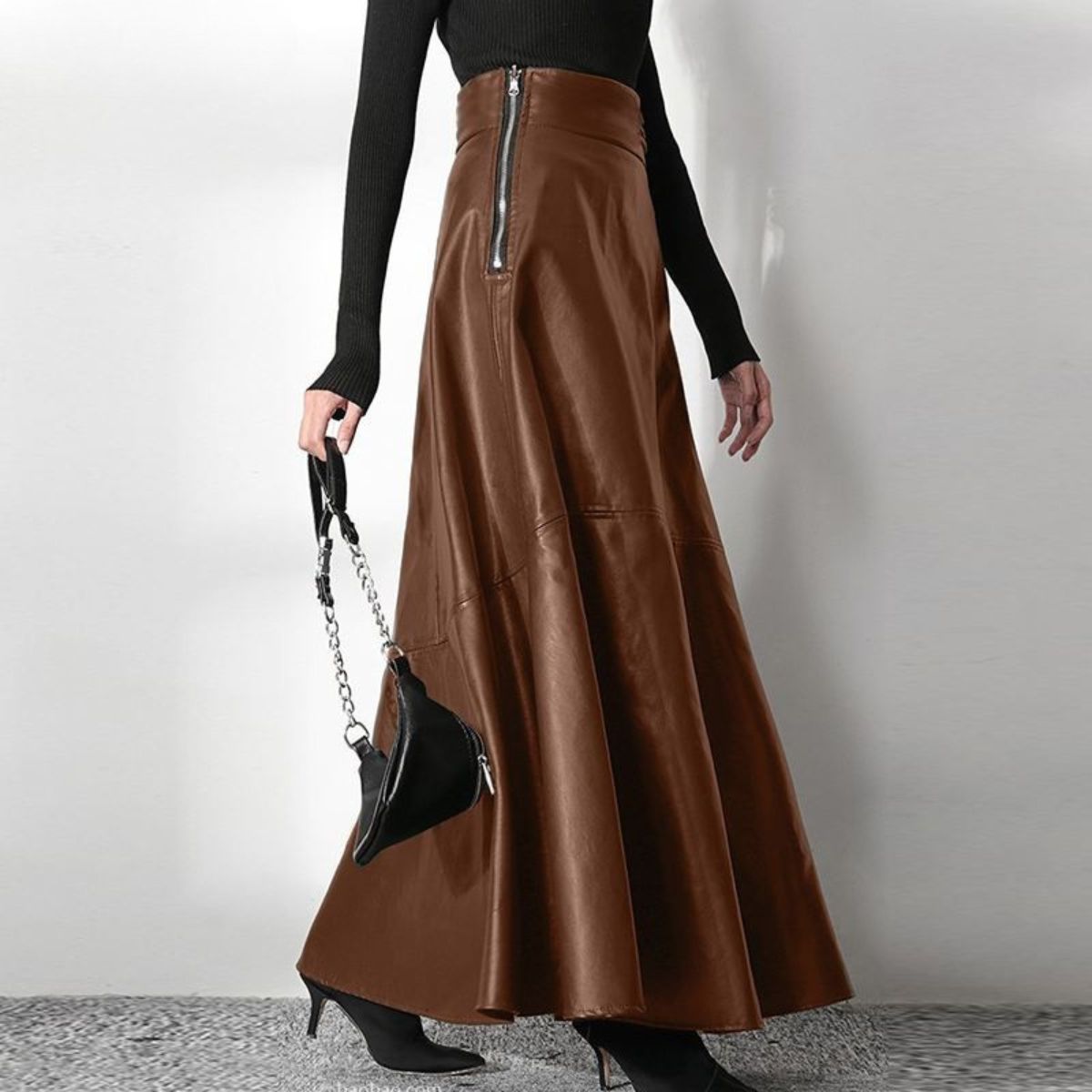 High Waist Leather Maxi Skirt – A-Line Flared Skirt