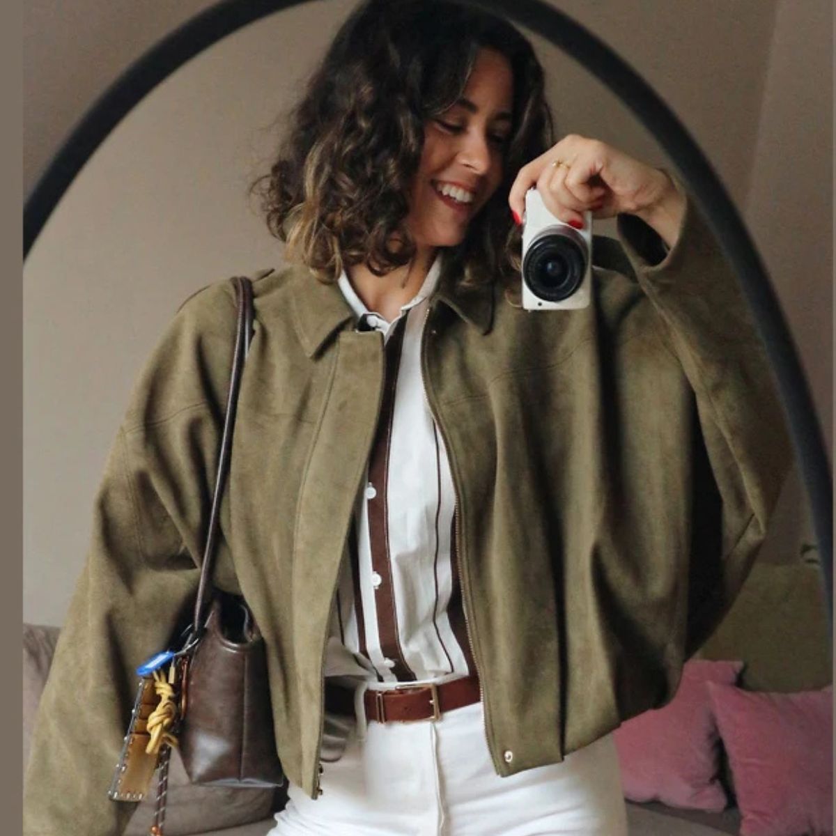 Suede Cropped Bomber Jacket – Oversized Zip-Up Coat