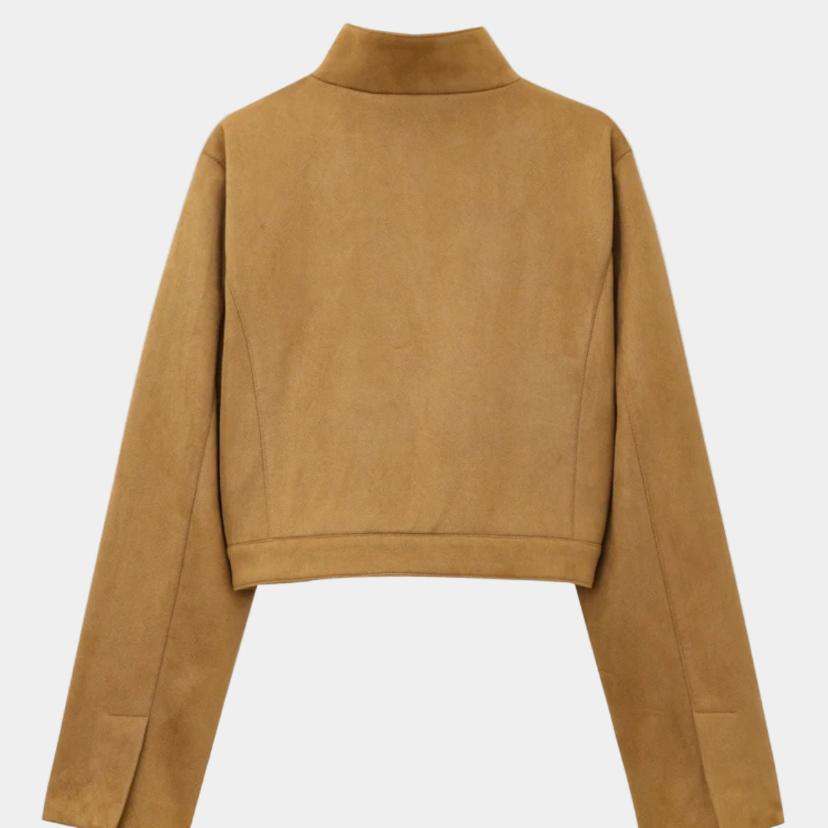 Casual Camel Suede Bomber Jacket with Zipper and Pockets for Women