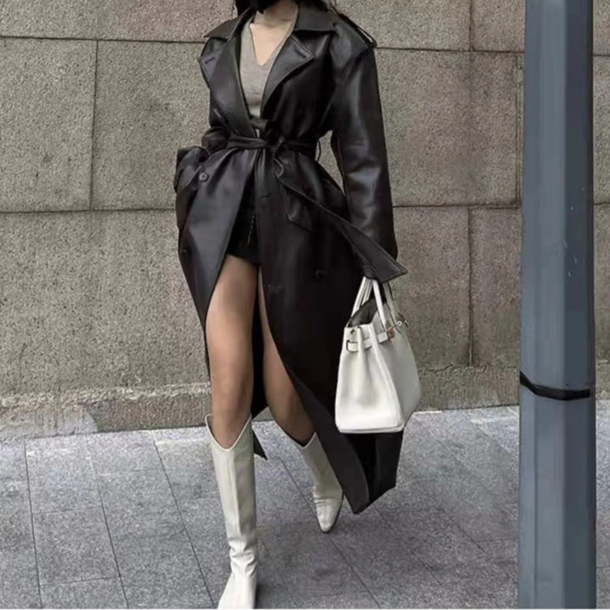 Faux Leather Trench Coat – Double Breasted Long Jacket