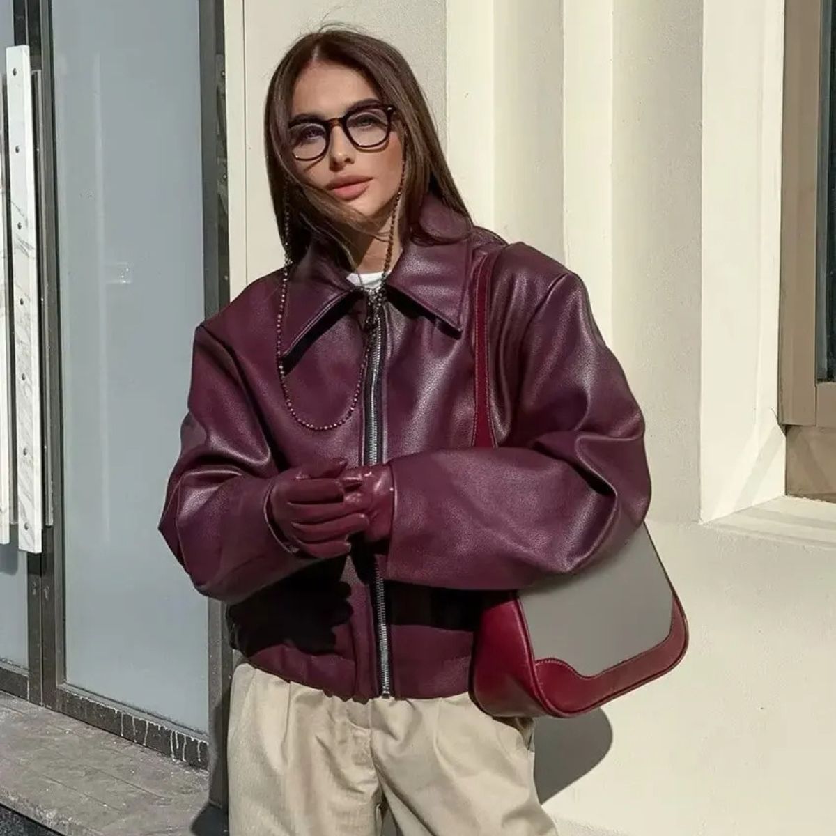 Faux Leather Zip Up Jacket with Elastic