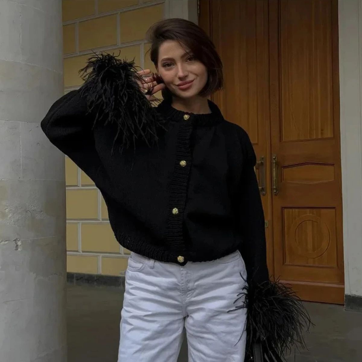 Feather Cuff Knit Cardigan – Elegant Button-Up Winter Look