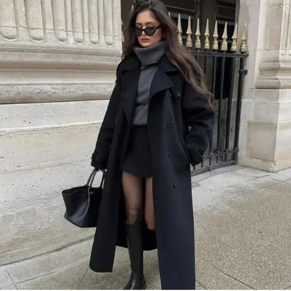 Long Wool Blend Trench Coat – Double Breasted Winter Overcoat with Belt