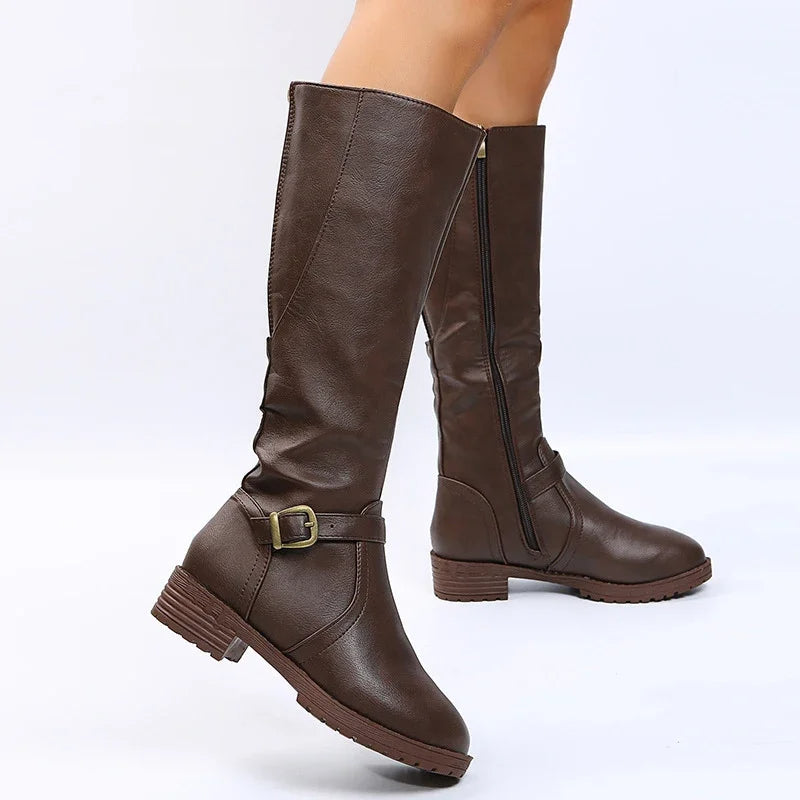 Elegant  Knee High Boots – Flat Riding Boots with Buckle Detail