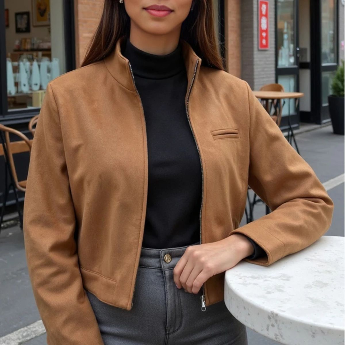 Casual Camel Suede Bomber Jacket with Zipper and Pockets for Women
