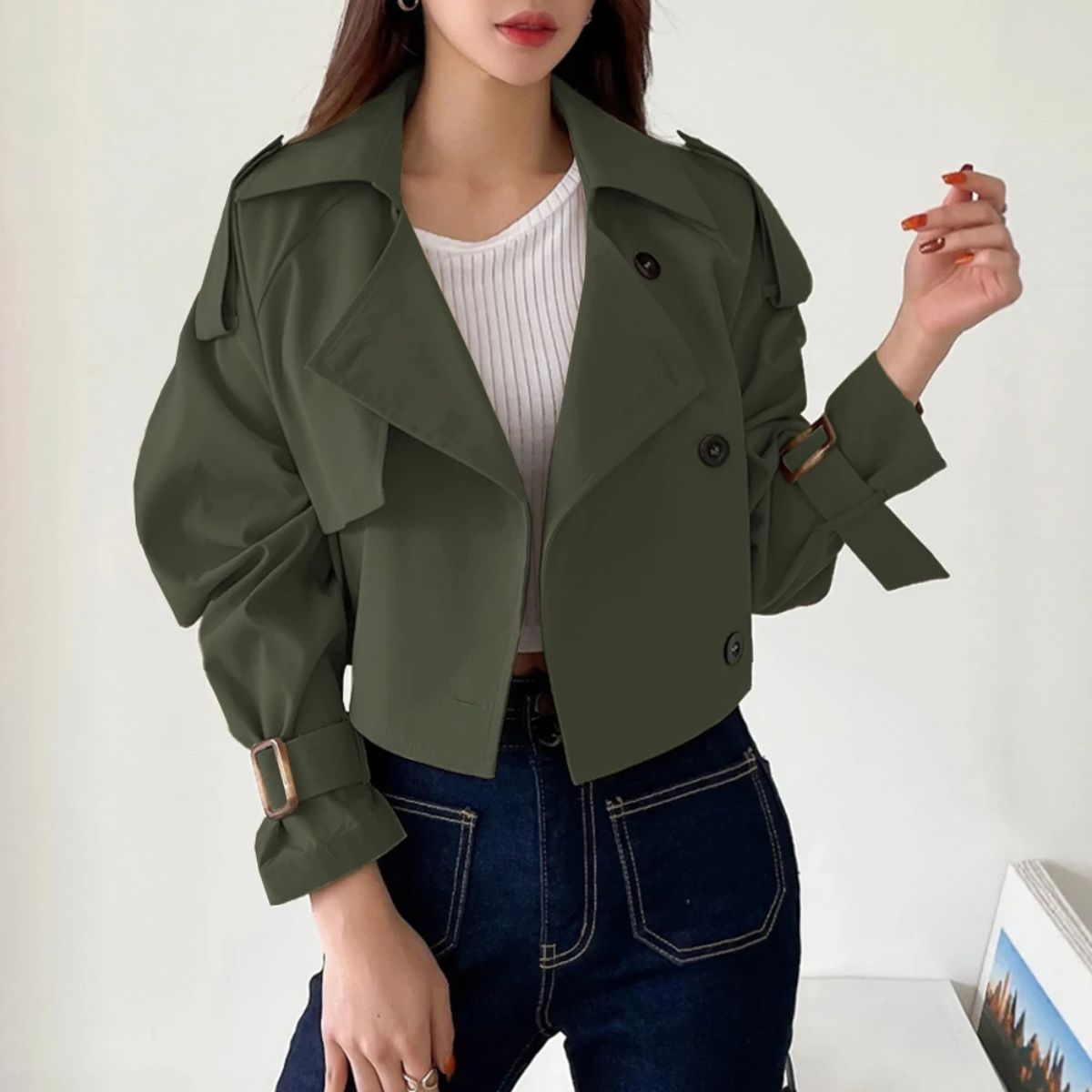 Women's Cropped Trench Coat – Short Double Breasted Jacket