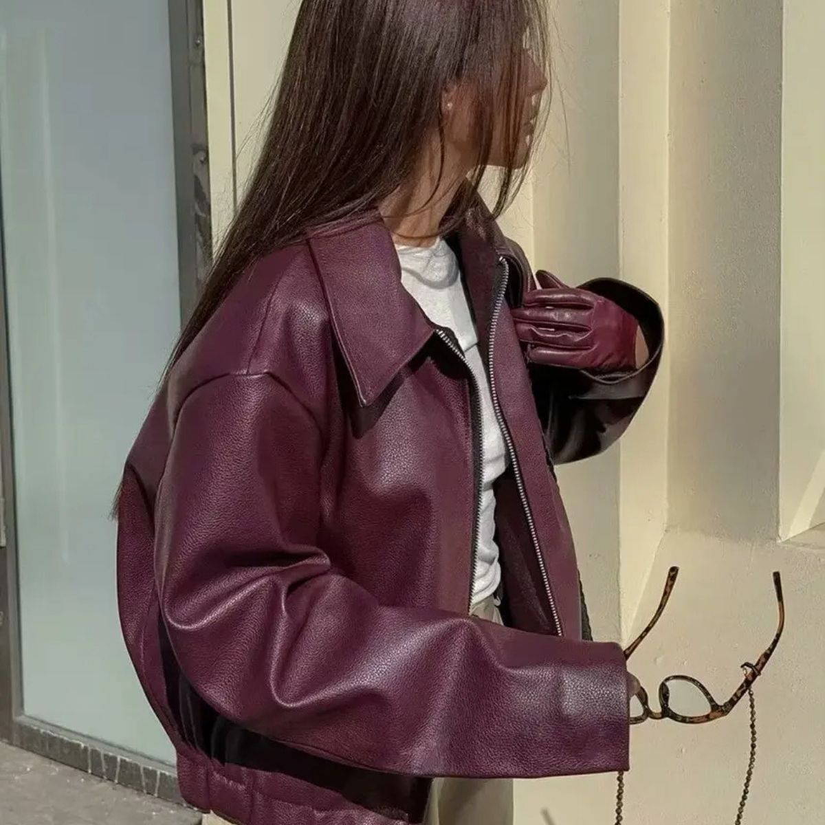 Faux Leather Zip Up Jacket with Elastic