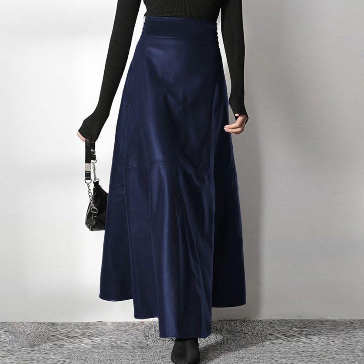 High Waist Leather Maxi Skirt – A-Line Flared Skirt