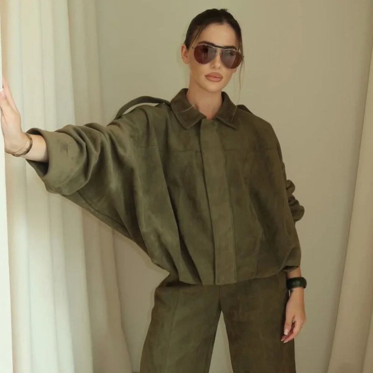 Suede Cropped Bomber Jacket – Oversized Zip-Up Coat