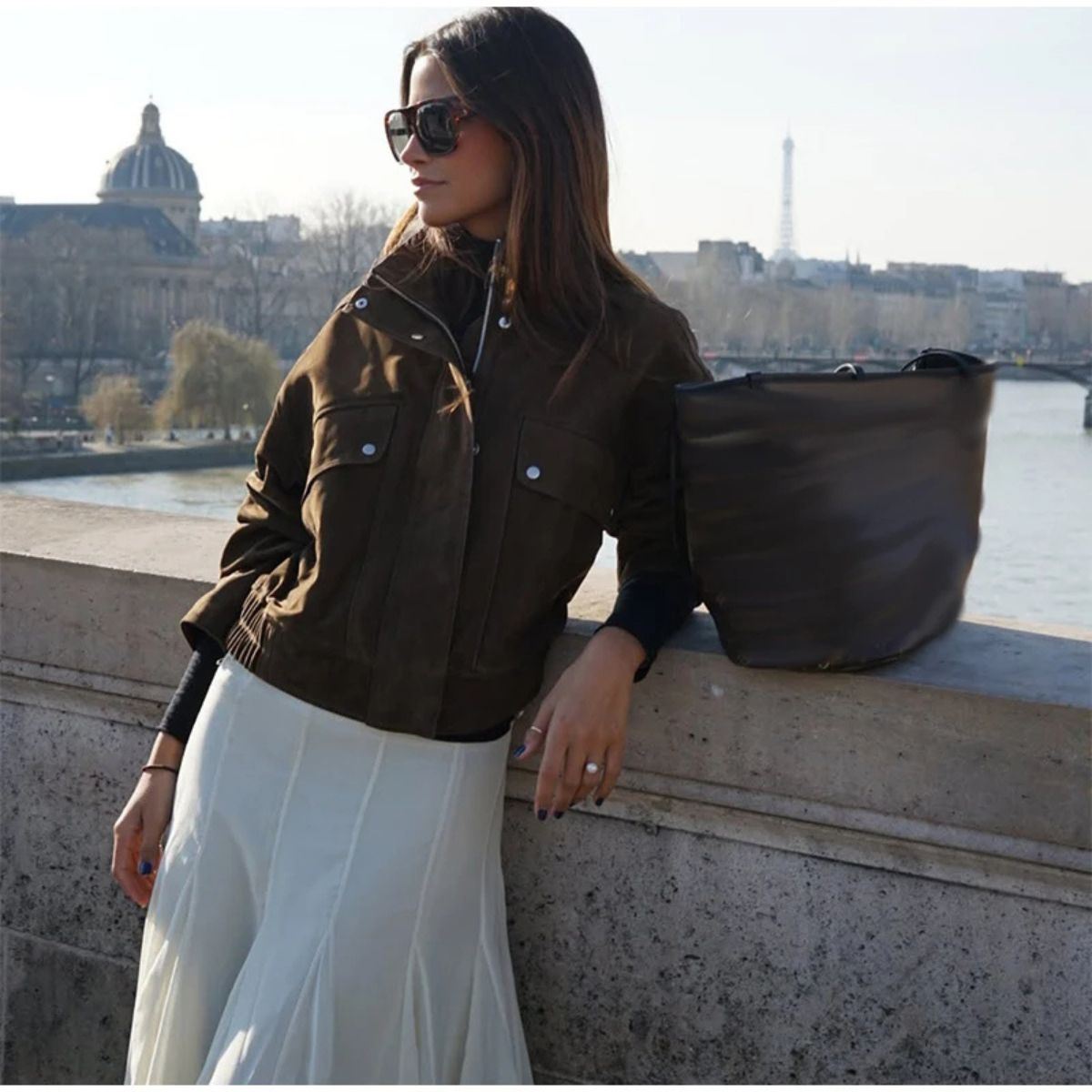 Suede Jacket with Pockets and Zipper and Button Closure