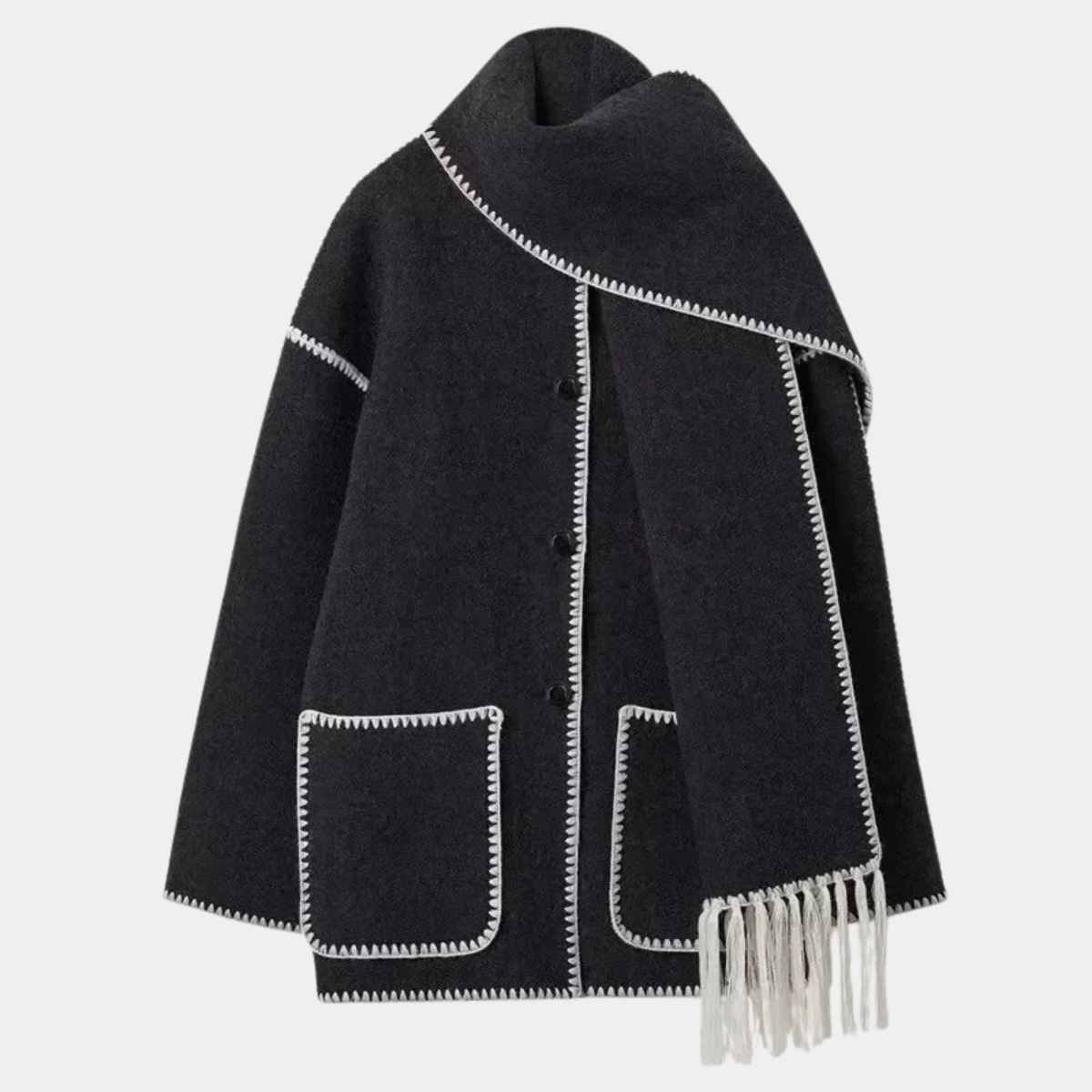 Elegant Wool Blend Coat with Scarf – Winter Jacket