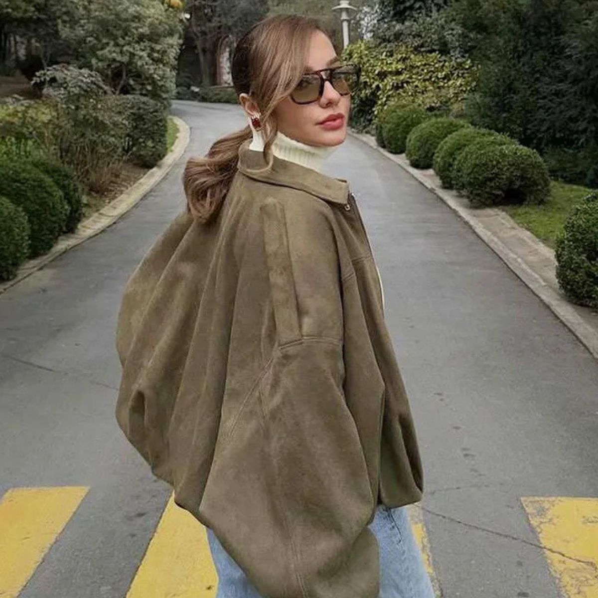 Suede Cropped Bomber Jacket – Oversized Zip-Up Coat